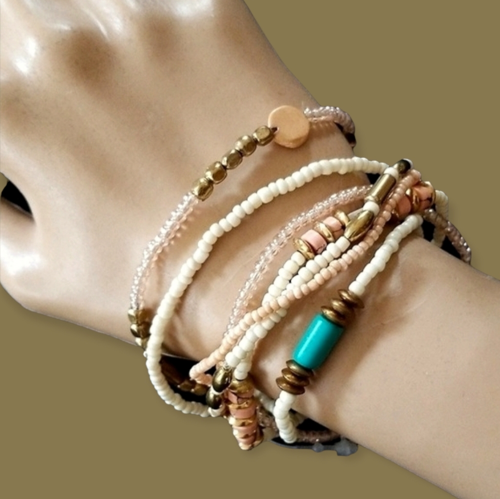 Vintage Boho Turquoise Coral Goldtone Beaded Stackable Stretch Bracelet Set - Picture 2 of 16